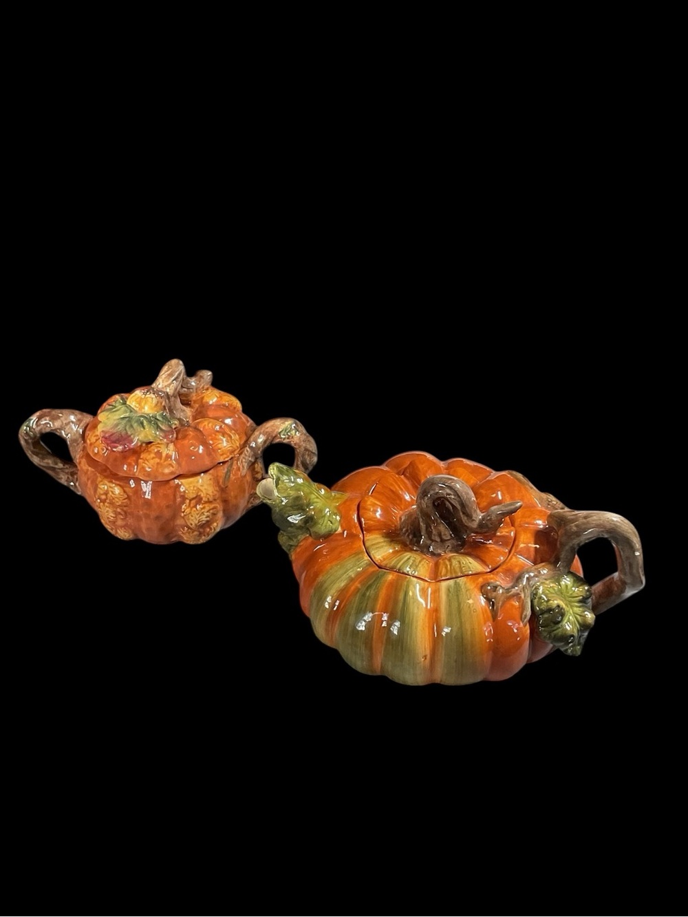 Kaldun & Bogle Miniature Pumpkin Teapot & Sugar Bowl Set Fall Harvest Majolica